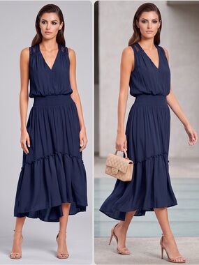 Ramy Brook Samantha Navy Lace Detail Elastic-Waist High-Low Midi Dress NWT $485